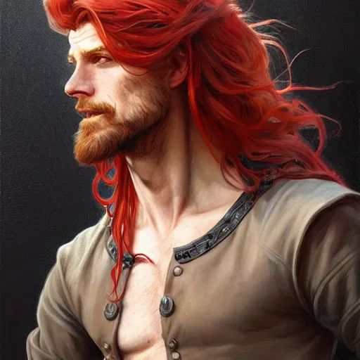 Image similar to portrait of a young ruggedly handsome but joyus pirate, male, masculine, upper body, red hair, very long hair, d & d, fantasy, intricate, elegant, highly detailed, digital painting, artstation, concept art, matte, sharp focus, illustration, art by artgerm and greg rutkowski and alphonse mucha