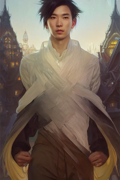 Image similar to portrait of a man with modern hairs, soft smile, final fantasy, league of legends champion, strong iridescent light, by chengwei pan and sakimichan and greg rutkowski and alphonse mucha, gradient white to gold, in front of a magical building background, highly detailed portrait, digital painting, smooth, focus illustration