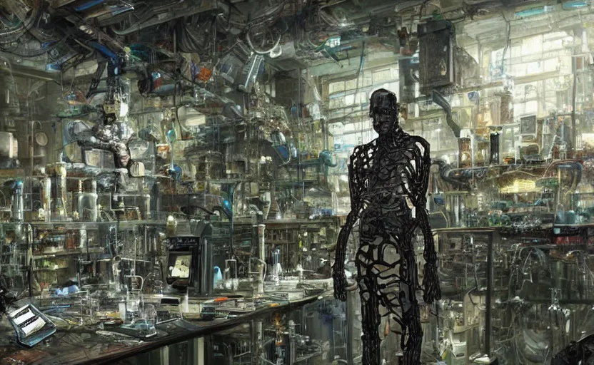 Image similar to a man made entirely of computers fused with his surroundings in a laboratory in the style of Greg rutkowski