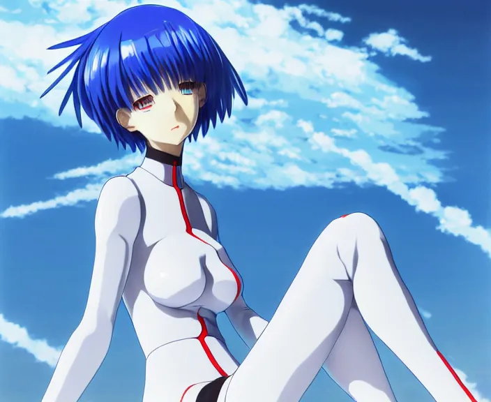 Image similar to anime art, fullbody shot of female rei ayanami, evangelion, long blue hair and large eyes, finely detailed perfect face, in a pale skintight plugsuit, sitting on rooftop, flooded city, trending on pixiv fanbox, by ilya kuvshinov, sola digital arts,, raytracing