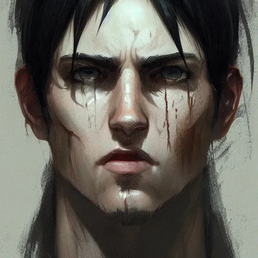 Prompt: portrait of a man by greg rutkowski, eren jaeger from attack on titan, he has about 2 0 years old, highly detailed portrait, digital painting, artstation, concept art, smooth, sharp foccus ilustration, artstation hq