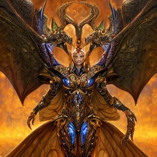 Prompt: a beautiful symmetrical muscular full body wearing a dragon armor with wings made of golden ornaments and gems, by alex gray and android jones , Karol Bak, Ayami Kojima, Amano , concept art, character design, fantasy,3D, 8k resolution