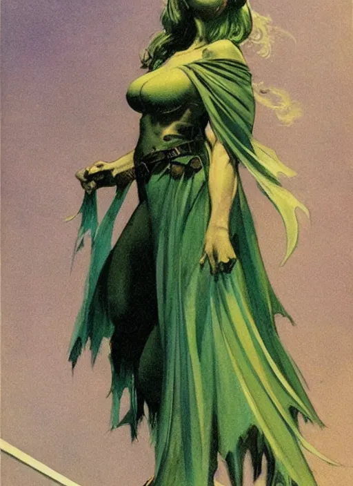 Image similar to mighty plump female sorceress, green tiara, lightning strike, strong line, muted color, beautiful! coherent! by frank frazetta, by brom