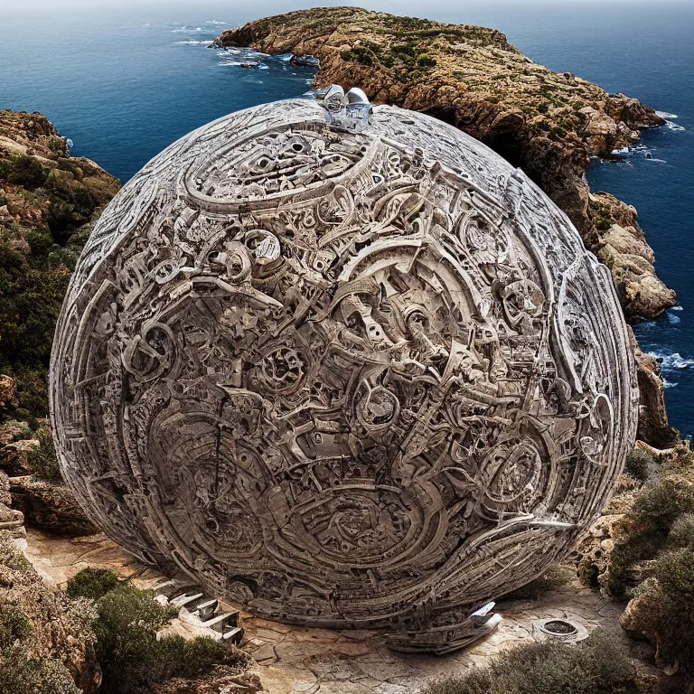 Image similar to photograph of a gigantic paleolothic sphere made of stone with highly detailed carvings of intricate shamanic robotic electronics and circuits, in a mediterranean lanscape, inside a valley overlooking the sea, by michal karcz, mediterranean island scenery, mediterranean vista