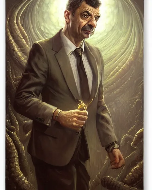 Image similar to lovecraft biopunk portrait of rowan sebastian atkinson by tomasz alen kopera and peter mohrbacher