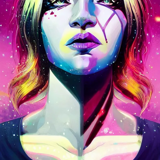 Prompt: half - monster woman, white and multicolored hair, surrounded by electricity, cosmic background, with cute - fine - face, pretty face, realistic shaded perfect face, fine details by realistic shaded lighting poster by ilya kuvshinov katsuhiro otomo, magali villeneuve, artgerm, jeremy lipkin and michael garmash and rob rey