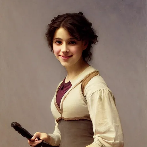 Image similar to painting of claudia vega from eva 2 0 1 1 as hermione granger. smiling. happy. cheerful. art by william adolphe bouguereau. extremely detailed. beautiful. 8 k. award winning.