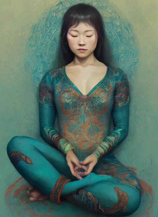 Prompt: girl, asian, meditating in lotus position, full body, teal suit, intricate, elegant, highly detailed, artstation, sharp focus, illustration, ruan jia, mandy jurgens, rutkowski, mucha