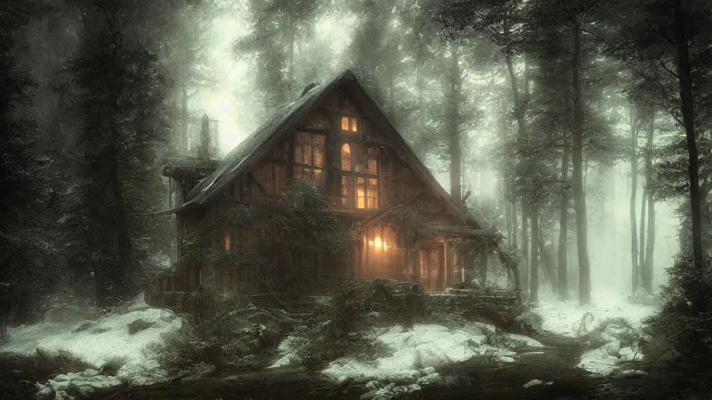 Image similar to [ a cabin in the woods, where the old druid lives ] andreas achenbach, artgerm, mikko lagerstedt, zack snyder, tokujin yoshioka