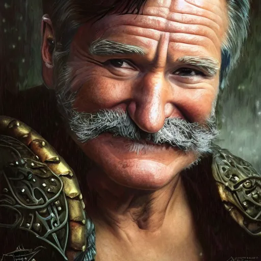 Image similar to an ultradetailed portrait of robin williams dressed as a fantasy rogue, sneaking in shadows of a dark alley, d & d, fantasy, intricate, elegant, highly detailed, digital painting, matte, sharp focus, illustration, plate armor, god rays, art by john collier and albert aublet and krenz cushart and artem demura and alphonse mucha