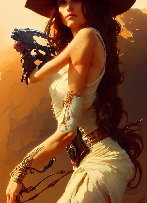 Image similar to cowboy dream, sci - fi, stunning, intricate, elegant. highly detailed, digital painting. artstation. smooth. sharp focus. illustration. art by artgerm and greg rutkowski and alphonse mucha