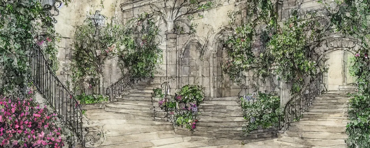 Prompt: flower, courtyard walkway, fountain, castle, stairway, chairs, wrought iron, gate, tree, delicate, botanic garden, road, botanical herbarium paper, watercolor colored painting, iridescent colors, 8 k, realistic shaded, fine details, artstation, italian style, colonnade