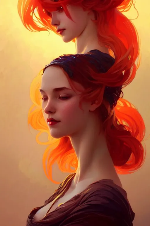 Image similar to a beautiful girl with fire hair, fantasy, portrait, sharp focus, intricate, elegant, digital painting, artstation, matte, highly detailed, concept art, illustration, ambient lighting, art by ilya kuvshinov, artgerm, Alphonse mucha, and Greg Rutkowski