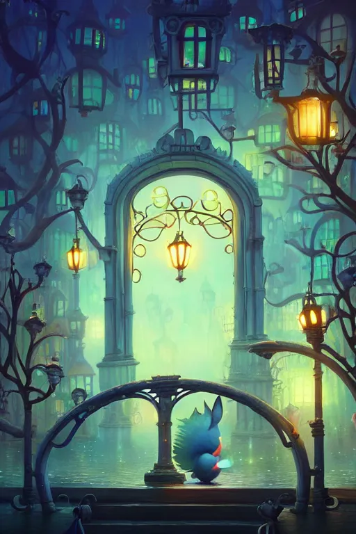 Prompt: a surreal Bioluminescent, very very very cute Sentient City Gates in a happy world by Daniel Merriam, Trending on Artstation, oil on Canvas by Elena Zhurikhina and Goro Fujita and Charlie Bowater, octane render, 4k, 8k, HD