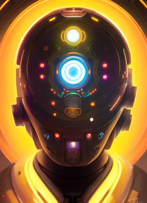 Prompt: symmetry portrait of zenyatta from overwatch, sci - fi, tech wear, glowing lights intricate, elegant, highly detailed, digital painting, artstation, concept art, smooth, sharp focus, illustration, art by artgerm and greg rutkowski and alphonse mucha