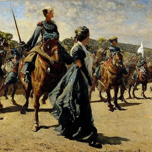 Image similar to action heroine leading an army by foot, by alfred stevens