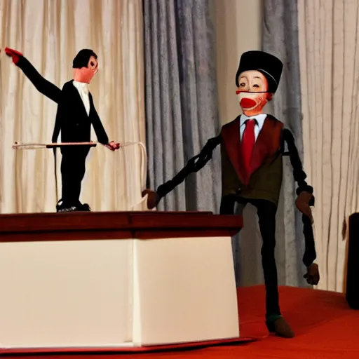 Image similar to puppeteer using marionette of a president in a podium