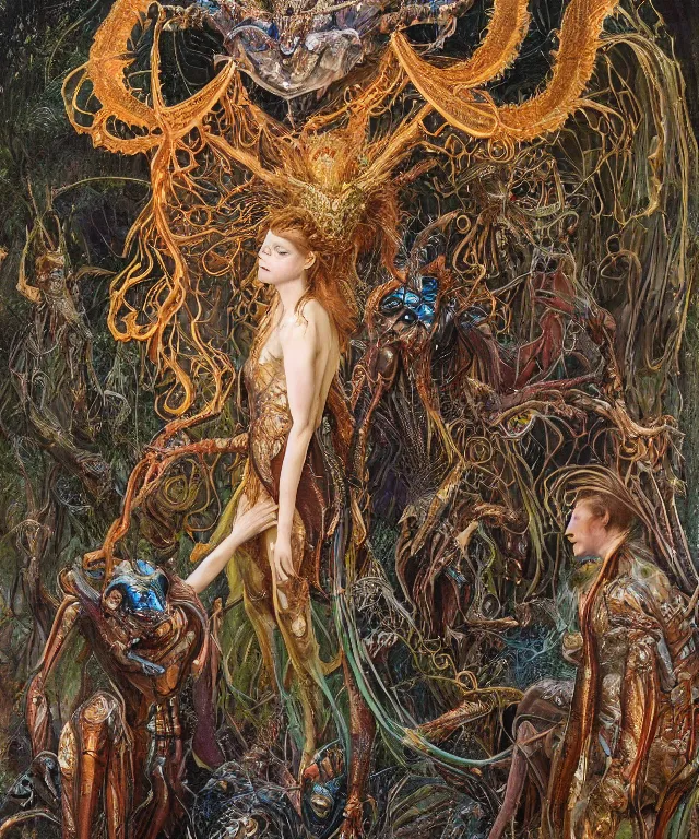 Prompt: a portrait photograph of a fierce sadie sink as a strong alien harpy queen with amphibian skin. she trying on a glowing and fiery lace shiny metal slimy organic membrane parasite collar and transforming into an evil insectoid catgirl. by donato giancola, walton ford, ernst haeckel, peter mohrbacher, hr giger. 8 k, cgsociety