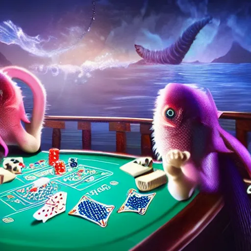 Prompt: deep ocean creatures playing poker soft lighting, realistic, 8 k photography