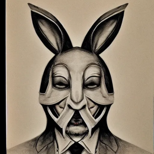 Prompt: a detailed portrait of a creepy bunny from a cult wearing an anonymous guy fawkes mask dressed in a suit having dark eyes, epic, cinematic, very detailed, creepy, horror, dreamscape