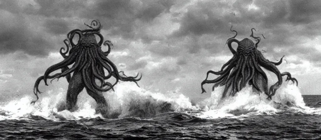 Image similar to A Still of one giant Cthulhu emerged from the ocean, water dripping off him, Cthulhu is gigantic, a tiny boat in the water beneath Cthulhu, you can see this from the beach looking out into a dark a storming ocean, Move shot film, gloomy