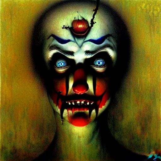 Image similar to evil beautiful female clown by Beksinski