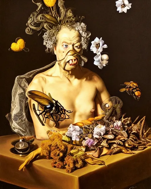 Image similar to refined gorgeous blended oil painting with black background by christian rex van minnen rachel ruysch dali todd schorr chiaroscuro portrait extremely bizarre disturbing mutated man beautiful suit made of still life flowers and rubber insects with shiny skin dutch golden age vanitas intense chiaroscuro cast shadows obscuring features dramatic lighting perfect symmetry perfect composition masterpiece