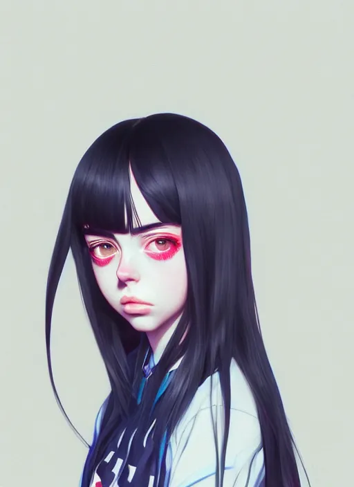 Image similar to a potrait of billie eilish as an anime, fine, realistic, shaded, lighting, ilya, kuvshinov, katsuhiro, artgerm, jeremy, lipkin, michael, garmash detailed digital art, radiant, light, detailed, intricate, environment