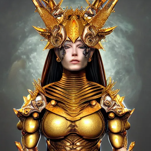 Image similar to a beautiful symmetrical muscular body wearing an armor made of golden ornaments and gems by alex gray and android jones , Karol Bak, Ayami Kojima, Amano , 3D, 8k resolution