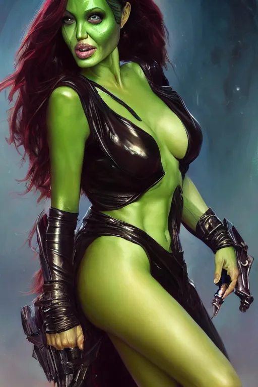 Image similar to angelina jolie as gamora, detailed, 8 k, trending on artstation, smooth, sharp focus artwork by mark arian, artgerm, mark keathley, greg rutkowski and alphonse mucha