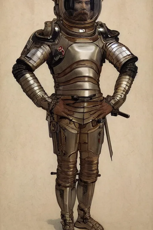 Prompt: a full body art nouveau portrait of a fully armored samurai astronaut bearded man, intricate, elegant, highly detailed, digital painting, artstation, concept art, smooth, sharp focus, illustration, art by John William Waterhouse and William Adolphe Bouguereau and Donato Giancola and Alphonse Mucha