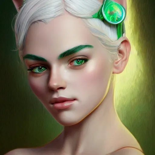 Image similar to ultra realistic illustration, dream girl with white hair, with light green eyes, with cat ears, in a sundress, intricate, elegant, highly detailed, digital painting, artstation, concept art, smooth, sharp focus, illustration, art by artgerm and greg rutkowski and alphonse mucha