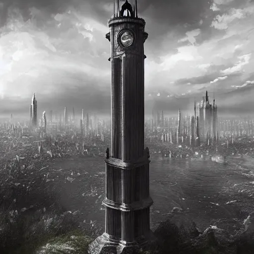 Image similar to an ultra detailed black and white matte painting of a lonely and impossibly tall ominous dark tower elevated high above the city, on an isolated plateau island in a river elevated high above the city fortress tower, fantasy capital city, ultrawide lense, aerial photography, volumetric lighting, exquisite detail, 8 k, art by artgerm and greg rutkowski and alphonse mucha