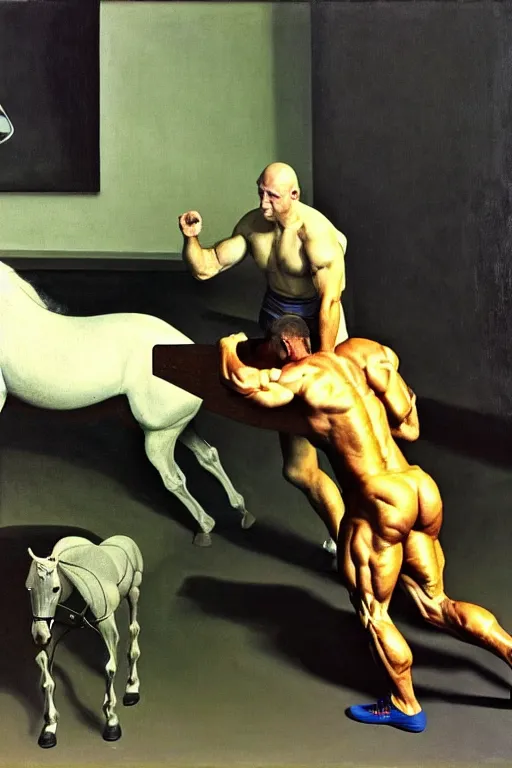 Prompt: , astronaut bodybuilder doing bench press with a horse instead of a dumbbell astronaut bodybuilder doing bench press with horse instead of dumbbell, hauntingly surreal, highly detailed painting by francis bacon, edward hopper, adrian ghenie, gerhard richter, and james jean soft light 4 k,