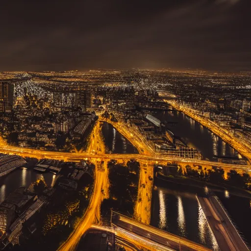 Prompt: ultra wide shot panorama 14mm lens of a nostalgic megalopolis, at night, detailled, 8K, architecture photography, city, skyline, starry sky, glass reflections, melancholy, lens flares, city lights, neons, raining, fog