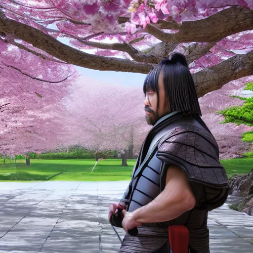 Image similar to hyperrealistic painting of a highly detailed photorealistical samurai, standing in front of traditional Japanese hut, cherry blossom trees outside, Feng Shui Style, cinematic concept art, art station, award winning art, 8k, octane render, unreal engine 5