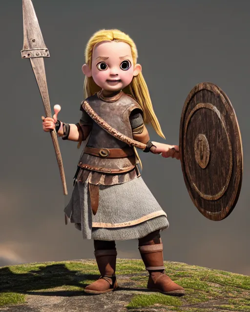 Image similar to an adorable toy of a viking girl with her shield raised to defend, pixar style, authentic viking armor, historically accurate, clean detail, symmetrical, octane render, studio lighting