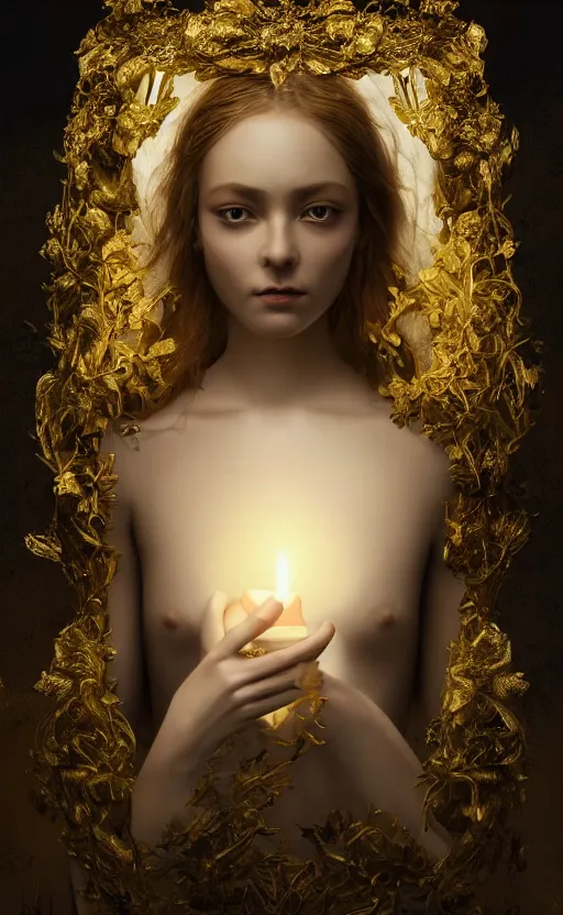 Image similar to ariadne, desire and duality, masterpiece close to a candle in dark room, cinematic, powerful, moon beams dramatic light, highly, intricate gold elements, hollow souls, detailed, digital painting, artstation, concept art, sharp focus, graphlex, dof, illustration, art by Irakli Nadar, Timofey Stepanov, Dreamy vibe
