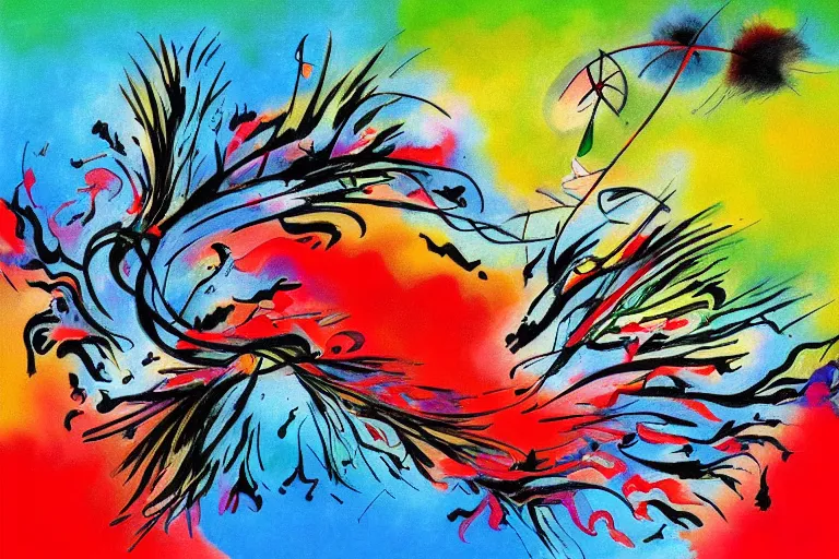 Prompt: abstract painting of energy of life in spring, by miro and kandinsky, flowers, acryclics, ink, blue and green and red tones, white background, dynamic splashes, some pouring techniques, black ink dynamic curves, chaotic patterns, more textures, more relief effects, artstation, deviantart, pinterest