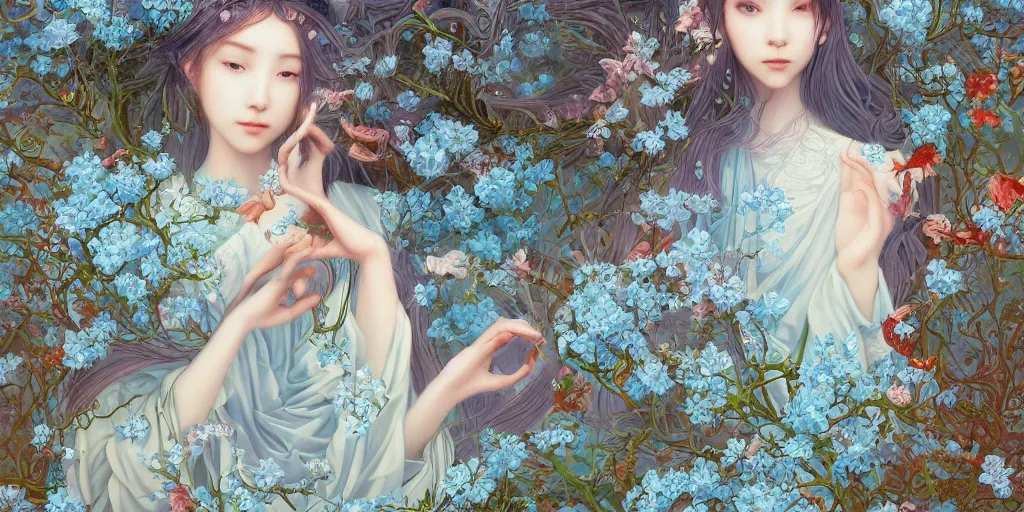 Image similar to breathtaking detailed concept art painting of few goddesses of light blue flowers, orthodox saint, with anxious, piercing eyes, ornate background, amalgamation of leaves and flowers, by Hsiao-Ron Cheng, James jean, Miho Hirano, Hayao Miyazaki, extremely moody lighting, 8K