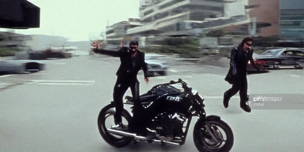 Prompt: beautiful hyperrealism three point perspective film still of Keanu Reeves as neo in bullet time aiming two uzi at agent smith in a nice oceanfront promenade motorcycle chase scene in Matrix meets kagemusha(1990) extreme closeup portrait in style of 1990s frontiers in translucent porclein miniature street photography seinen manga fashion edition,, tilt shift style scene background, soft lighting, Kodak Portra 400, cinematic style, telephoto by Emmanuel Lubezki