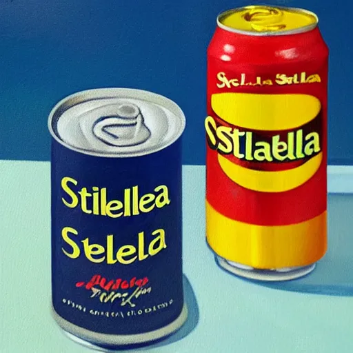 Prompt: realistic painting of a still life with can of stella and happy meal