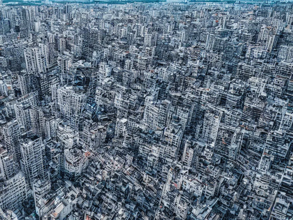 Prompt: drone view of a city, Brutalist architecture, horizon shot, sharp focus, telephoto lens, digital art 4k