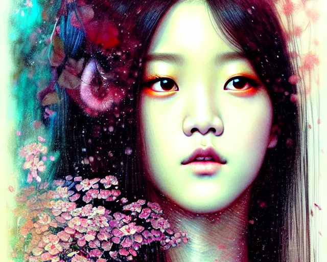 Image similar to jisoo from blackpink, portrait, tarot card, hyperrealistic, highly detailed, deep focus, intricate, elegant, digital painting, smooth, sharp focus, illustration, ultra realistic, 8 k, art by karol bak and agnes cecile