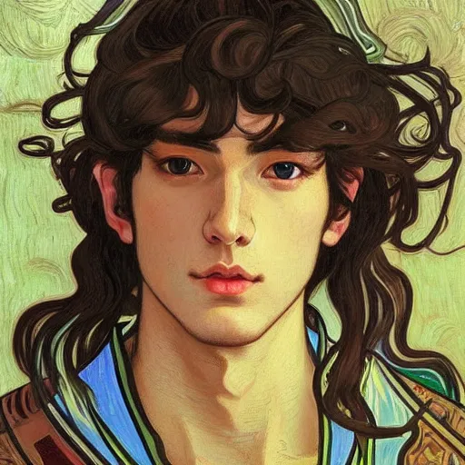 Image similar to portrait painting of young handsome beautiful paladin elf!! man with long! wavy dark hair in his 2 0 s named taehyung minjun at the blueberry party, wearing armor!, long hair, elf ears, blue eyes, blueeyes!, elegant, delicate, soft facial features, art, art by alphonse mucha, vincent van gogh, egon schiele,