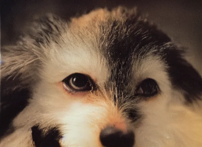 Image similar to a extreme close - up photo, color studio photographic portrait of a little dog bird hybrid, dramatic backlighting, 1 9 7 3 polaroid photo from life magazine,