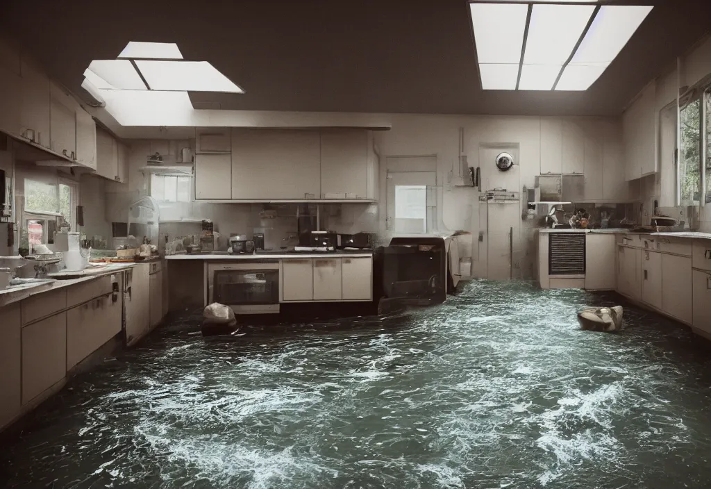 Prompt: kodak portra 4 0 0 photographic and realistic, 7 0's kitchen, detailed, octane render, unreal engine, 4 k, artstation, hyper realistic, wide angle, floor flooded, how a river, astronaut, objects that float, 3 5 mm, sharp focus, soft light, volumetric light fog, in the style of gregory crewdson