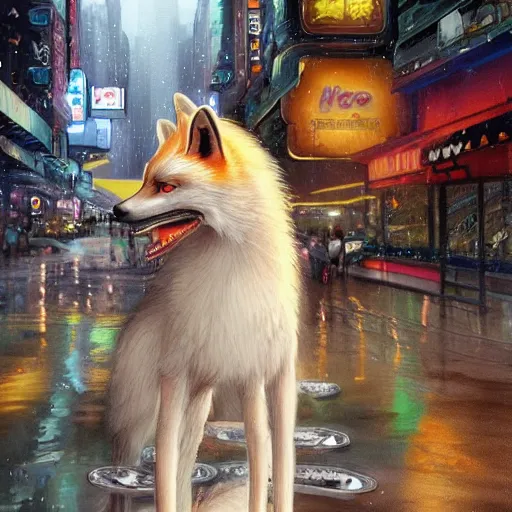 Image similar to white furred anthropomorphic female vulpes vulpes fulva, eating noodles, in the rain by a noodle kiosk, in crowded and wet street of a city, cyberpunk, harsh neon lights, highly detailed, digital painting, trending on artstation, concept art, sharp focus, illustration, art by artgerm and greg rutkowski and magali villeneuve