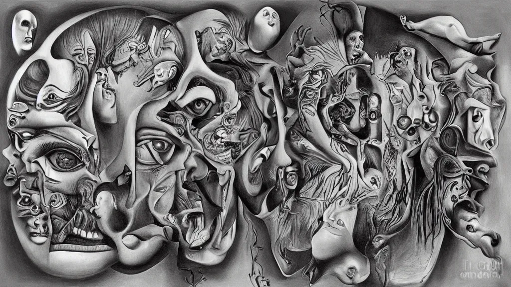 Prompt: psycho-n-autistic totem worshipping, 4K, Surrealism, by collabration of Salvador Dali, Picasso and M. C. Escher