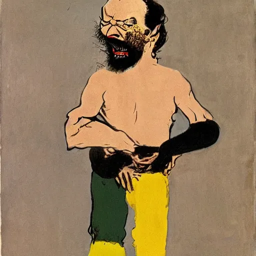 Image similar to hideous by vito acconci, by edouard manet ochre. illustration. a man with a large head & a small body is floating in the air, his arms & legs flailing. his clothes are tattered & he has a wild look in his eyes.